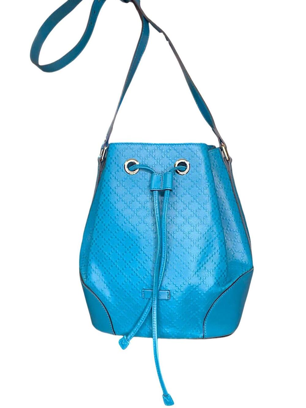 Gucci Bright Diamante Drawstring Bucket Bag Turquoise Blue Leather